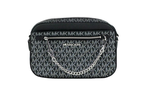 Michael Kors Jet Set Large East West Black Silver PVC Zip Chain Crossbody Bag